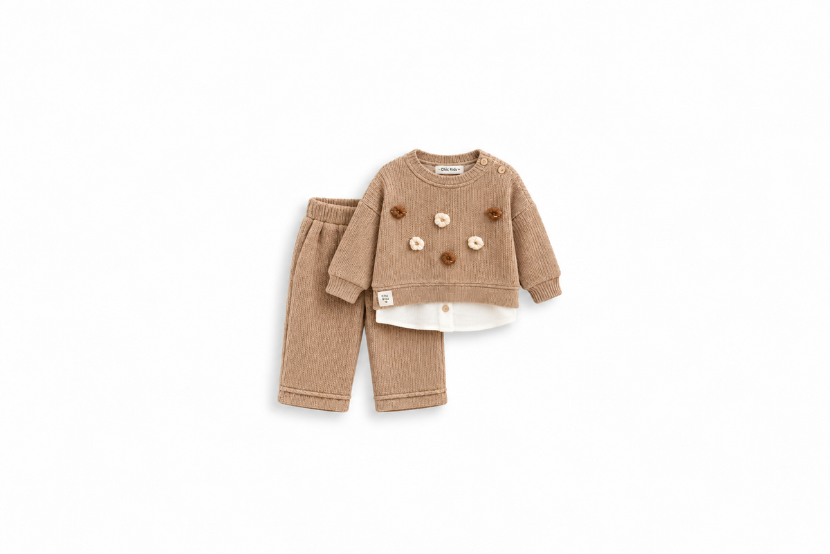 Girls' Crochet Flower Knit Set - Camel