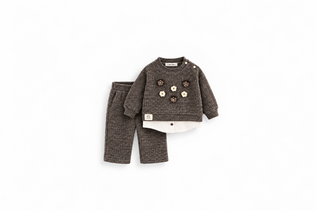 Girls' Crochet Flower Knit Set - Mocha