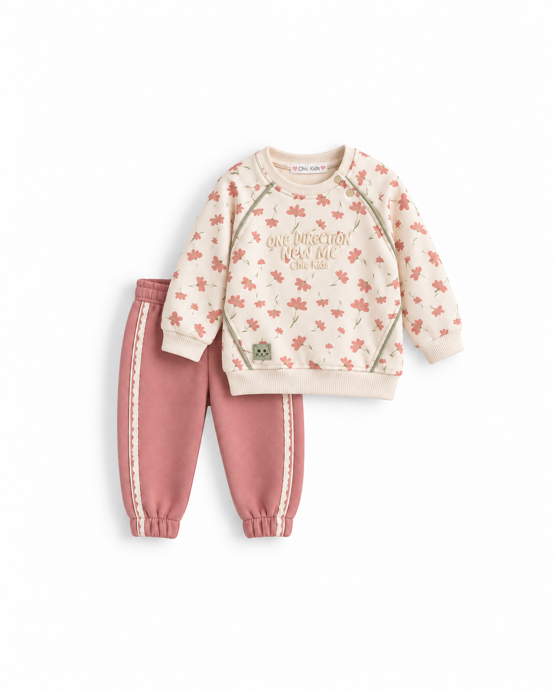 Girls' Floral Print Piped Fleece Set - Rose