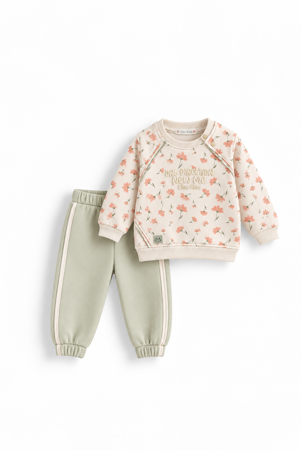 Girls' Floral Print Piped Fleece Set - Sage