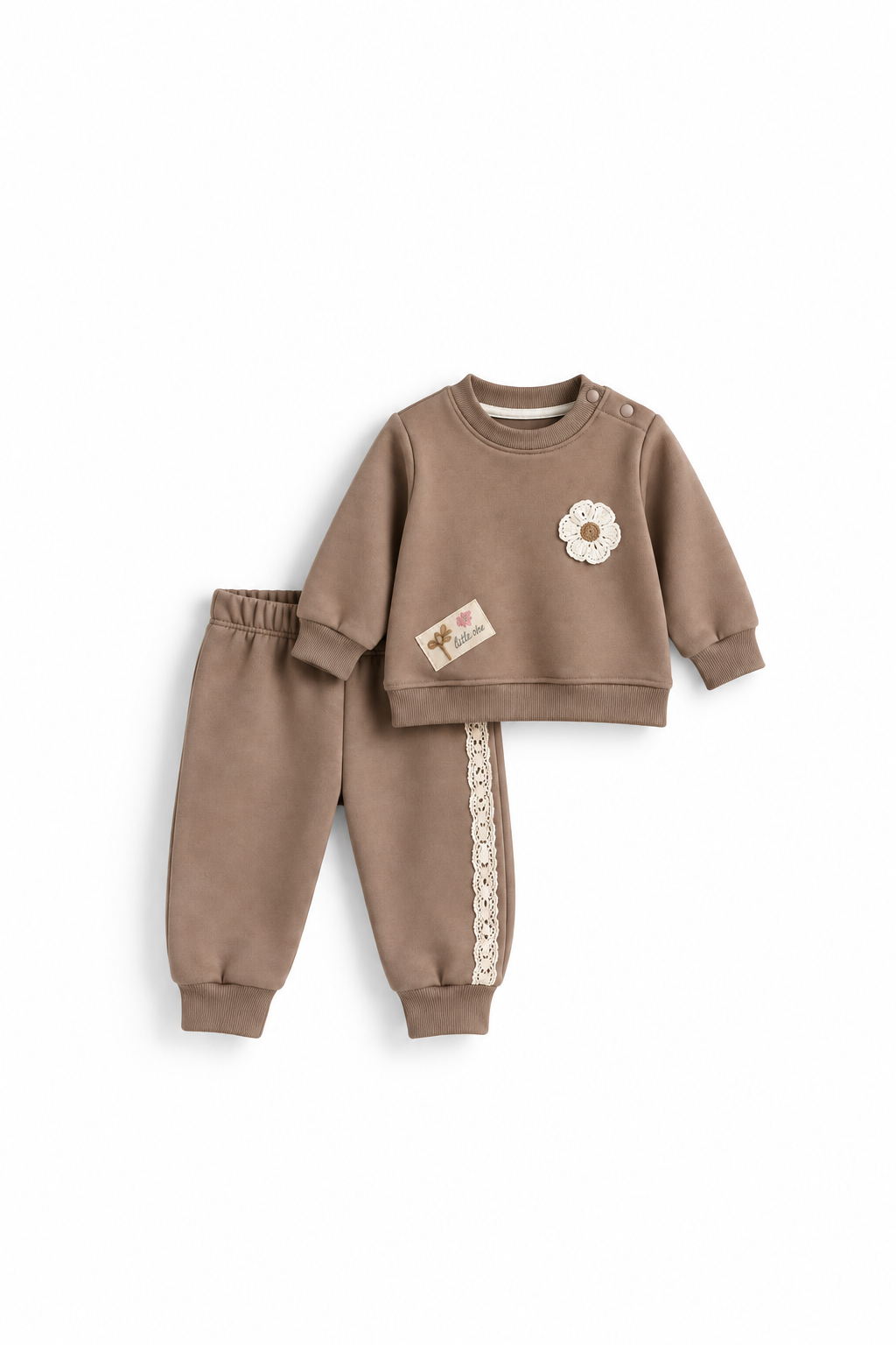 Girls' Lace-Trim Fleece Set - Mocha