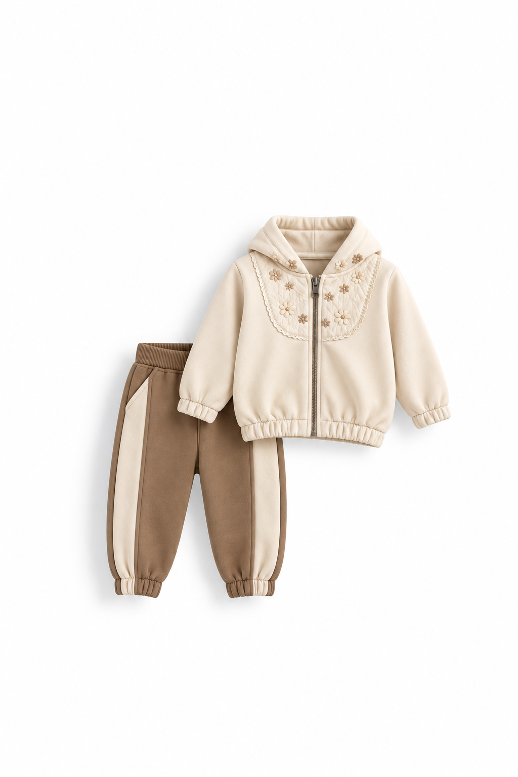 Girls' Embroidered Yoke Hooded Zip Set - Cream