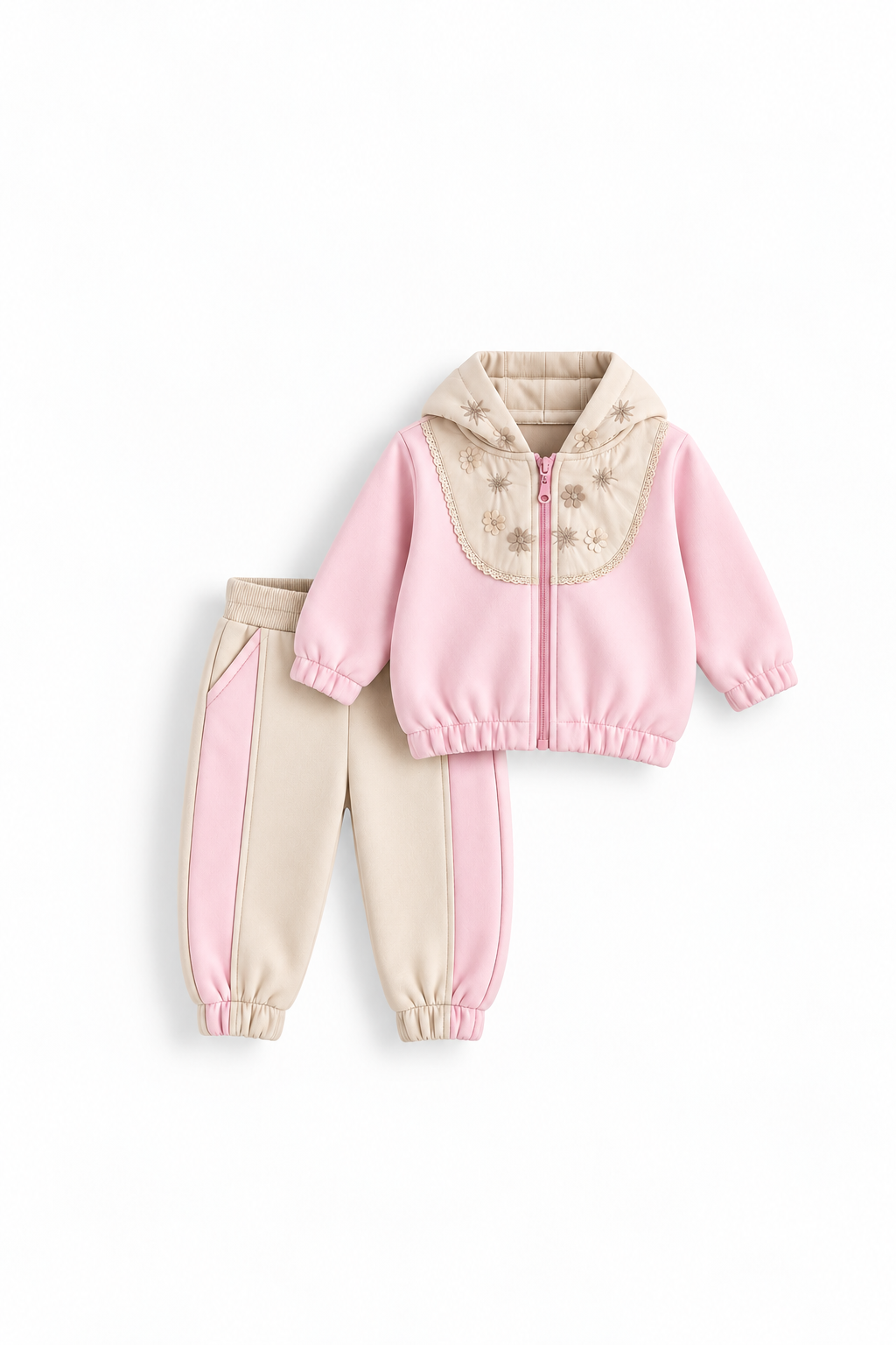 Girls' Embroidered Yoke Hooded Zip Set - Pink