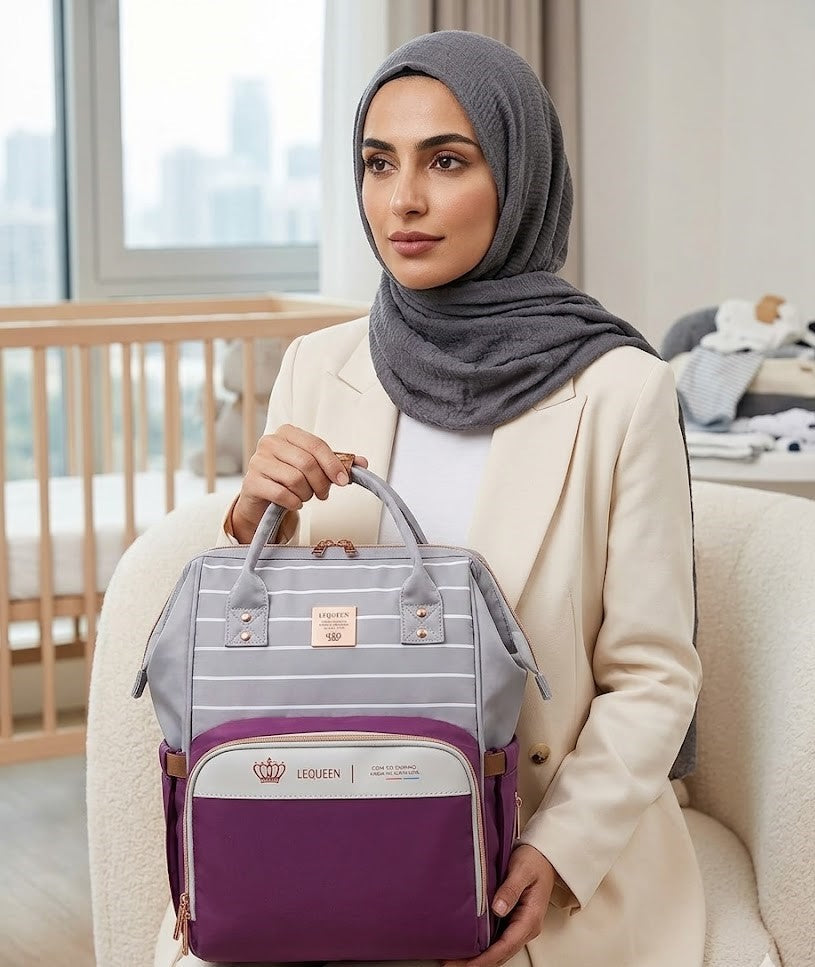 LEQUEEN Gen 8 Classic Diaper Backpack - Grey Pinstripe with Purple Base