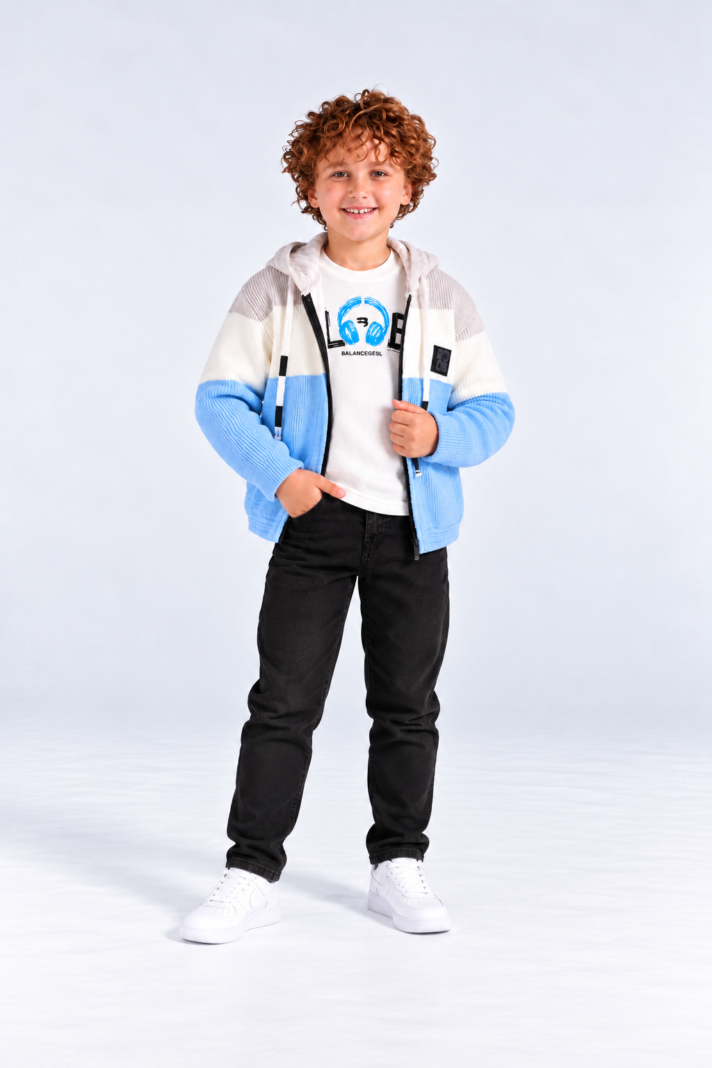 Boys' Colour-Block Knit Hooded Jacket with T-Shirt
