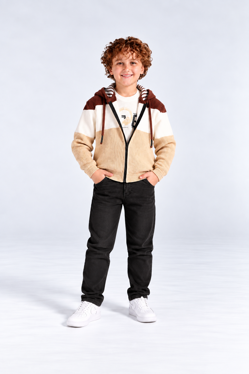 Boys' Colour-Block Knit Hooded Jacket with T-Shirt