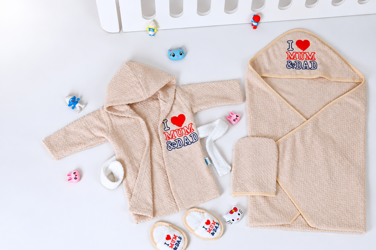 Baby Bathrobe Set – 4 Pieces - Beige