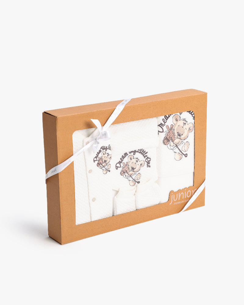 Newborn Baby Gift Set – 5-Piece Soft Cotton Layette Box (Teddy Bear Embroidery)