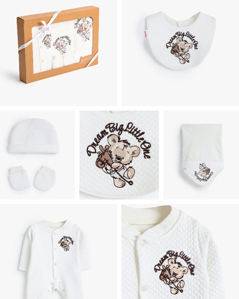 Newborn Baby Gift Set – 5-Piece Soft Cotton Layette Box (Teddy Bear Embroidery)