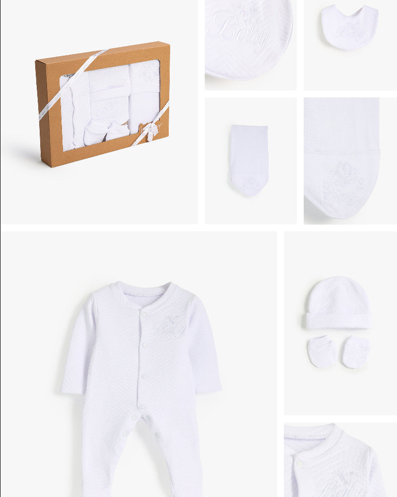 White Unisex Baby Gift Set – 5-Piece Soft Cotton Layette Box (Crown & "Baby" Embroidery)