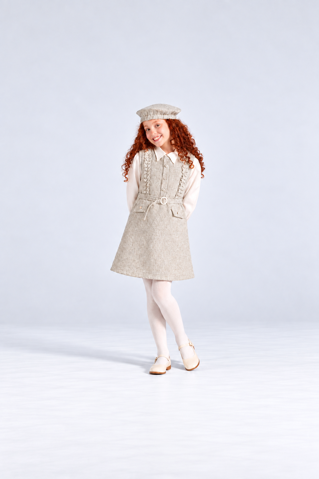 Girls' Flannel Pinafore Dress with Beret