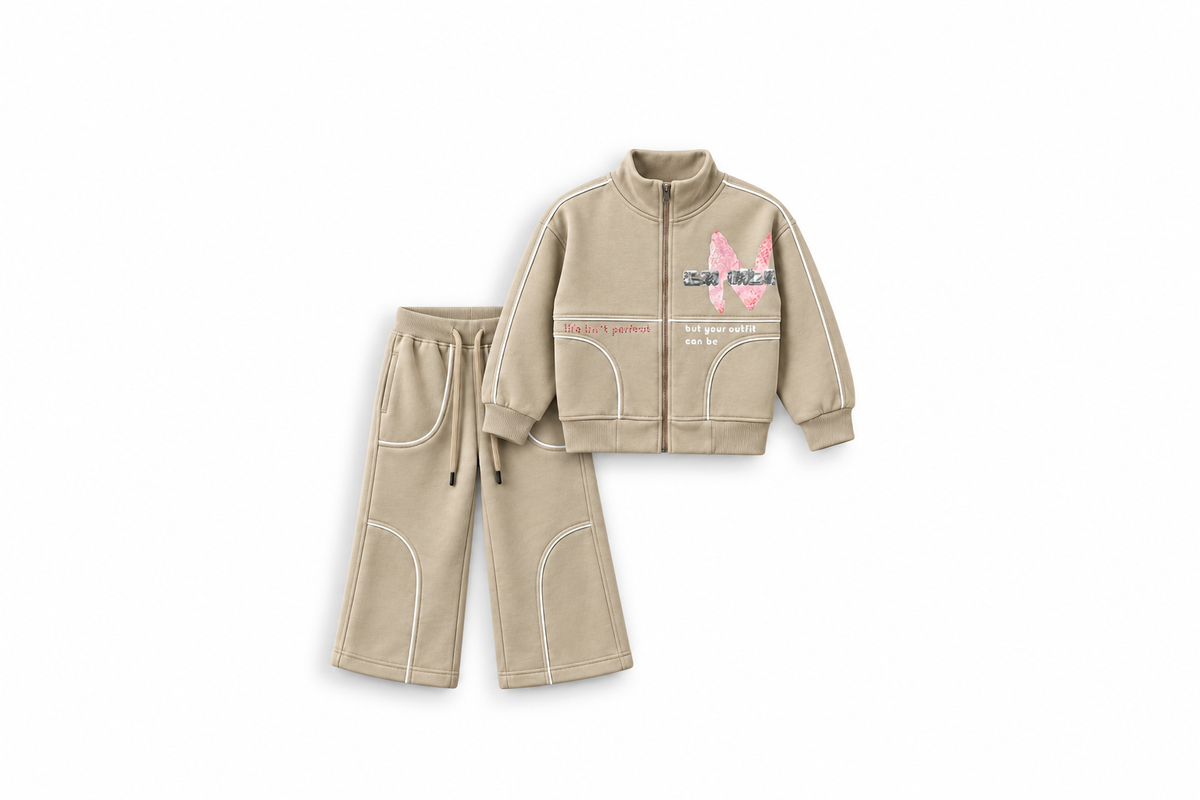 Girls' Butterfly Zip Velour Wide-Leg Set - Taupe