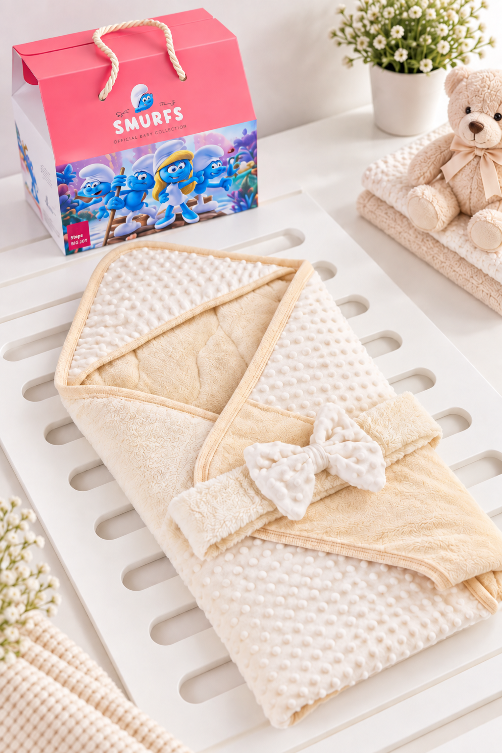 Baby Hooded Swaddle Blanket with Bow - Beige