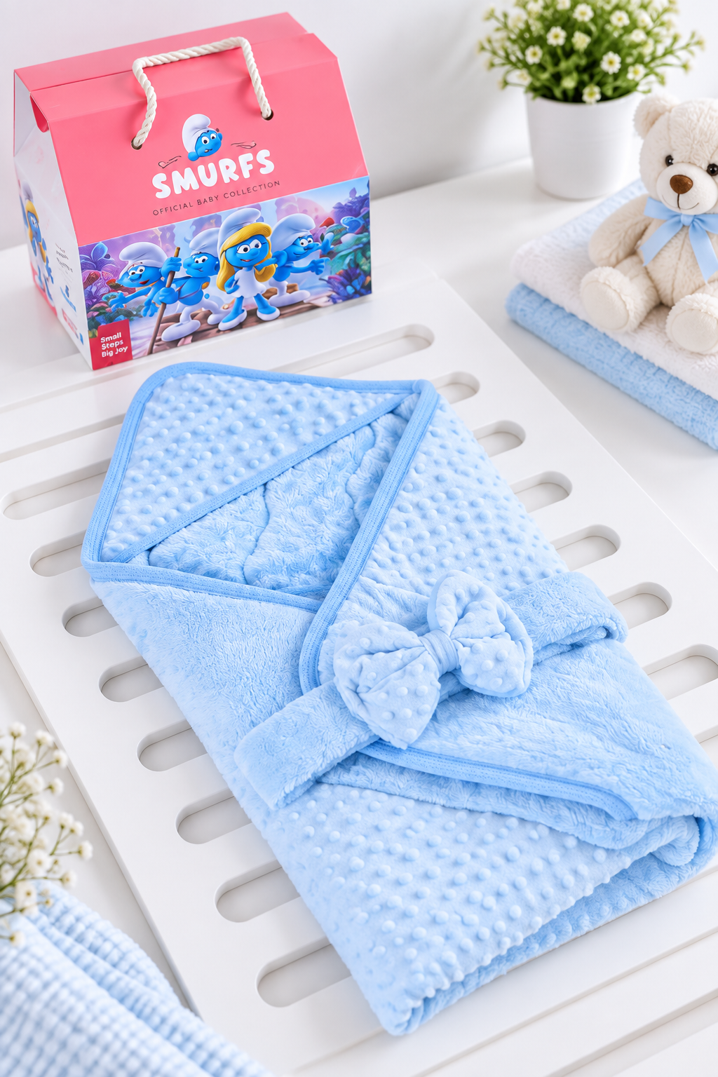 Baby Hooded Swaddle Blanket with Bow - Blue