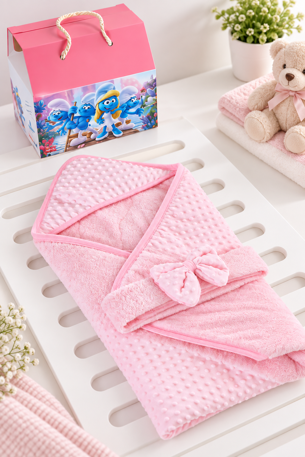 Baby Hooded Swaddle Blanket with Bow - Pink