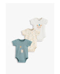 Junior Baby Short Sleeve Bodysuit Pack of 3 - Cream & Teal