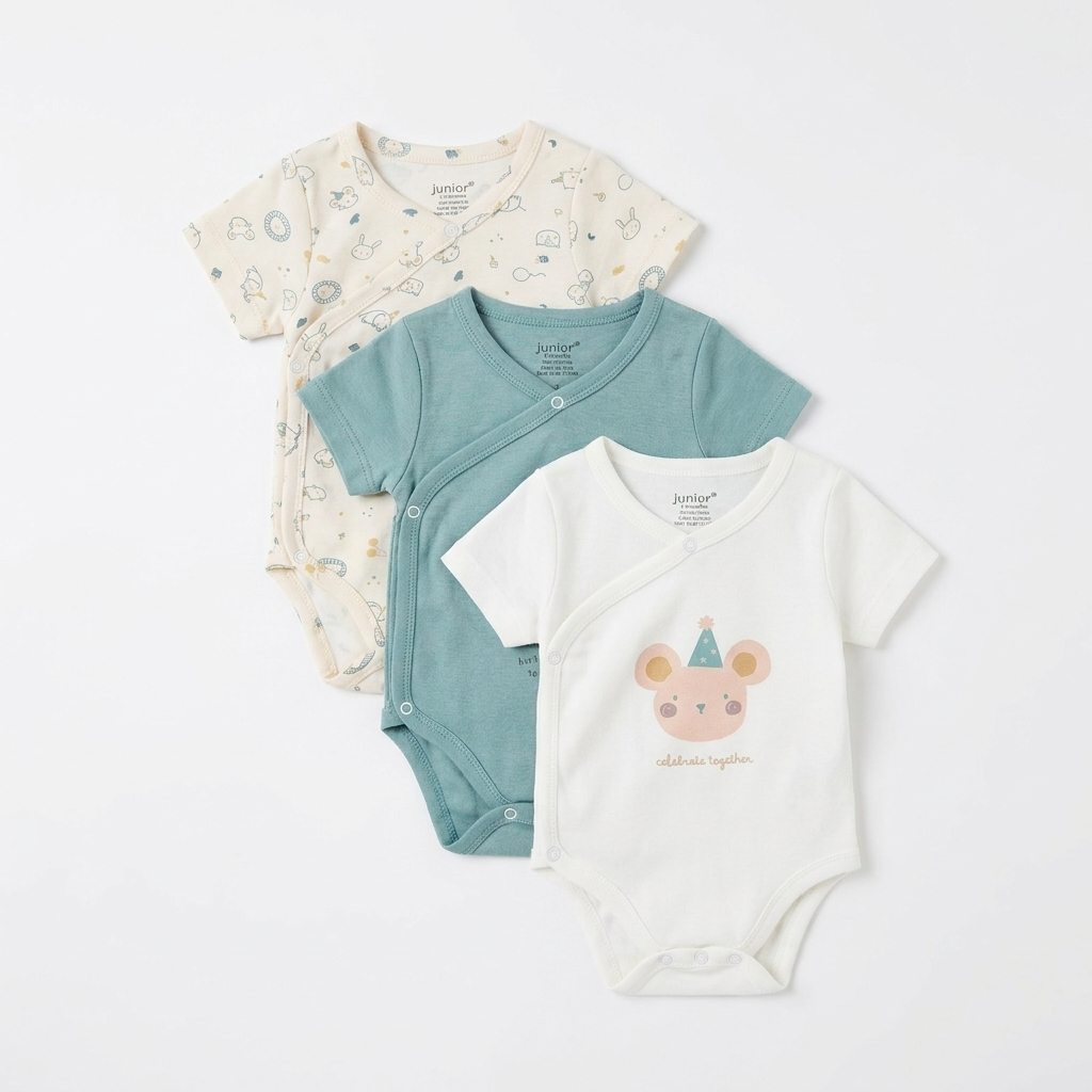 Junior Baby Kimono Bodysuit Pack of 3 - Cream & Teal