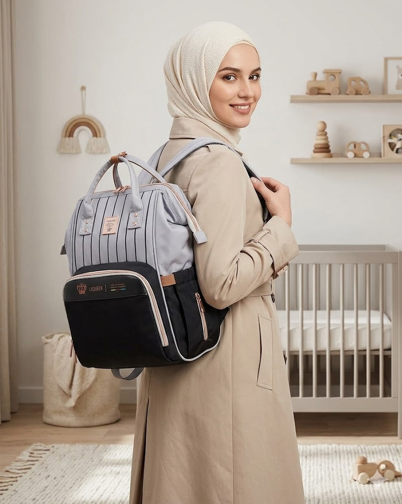 LEQUEEN Gen 8 Classic Diaper Backpack - Grey Pinstripe with Black Base