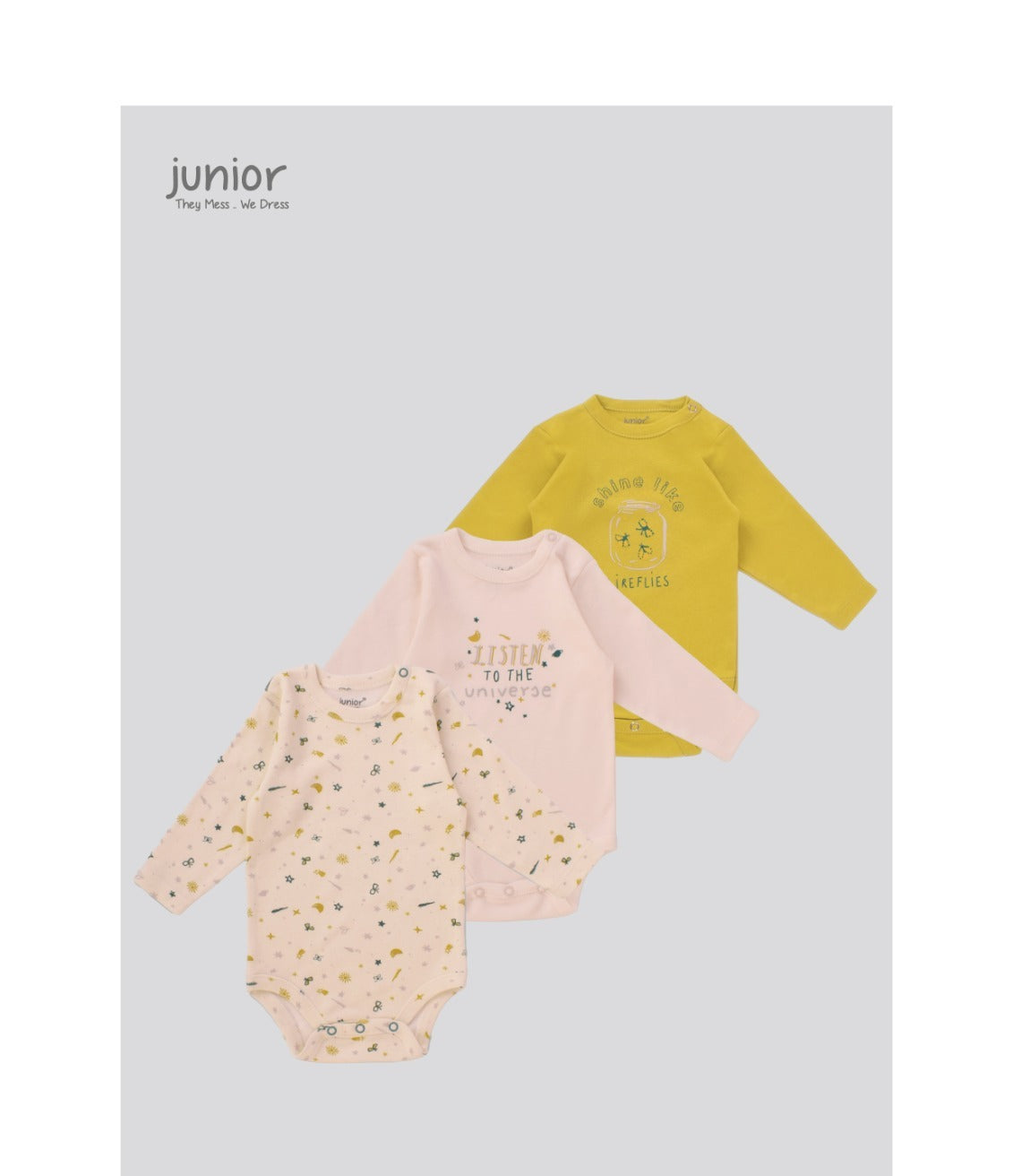 Junior Baby Long Sleeve Bodysuit Pack of 3 - Mustard & Blush