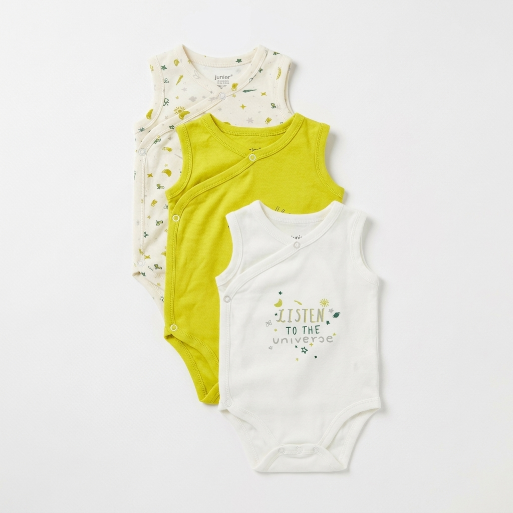 Junior Baby Sleeveless Kimono Pack of 3 - Lime & Cream