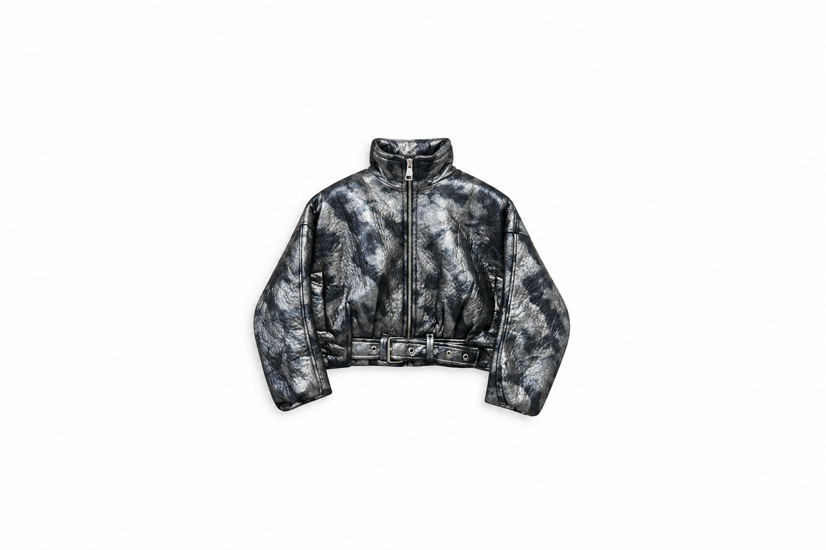 Girls' Metallic Belted Puffer Jacket - Black - Black