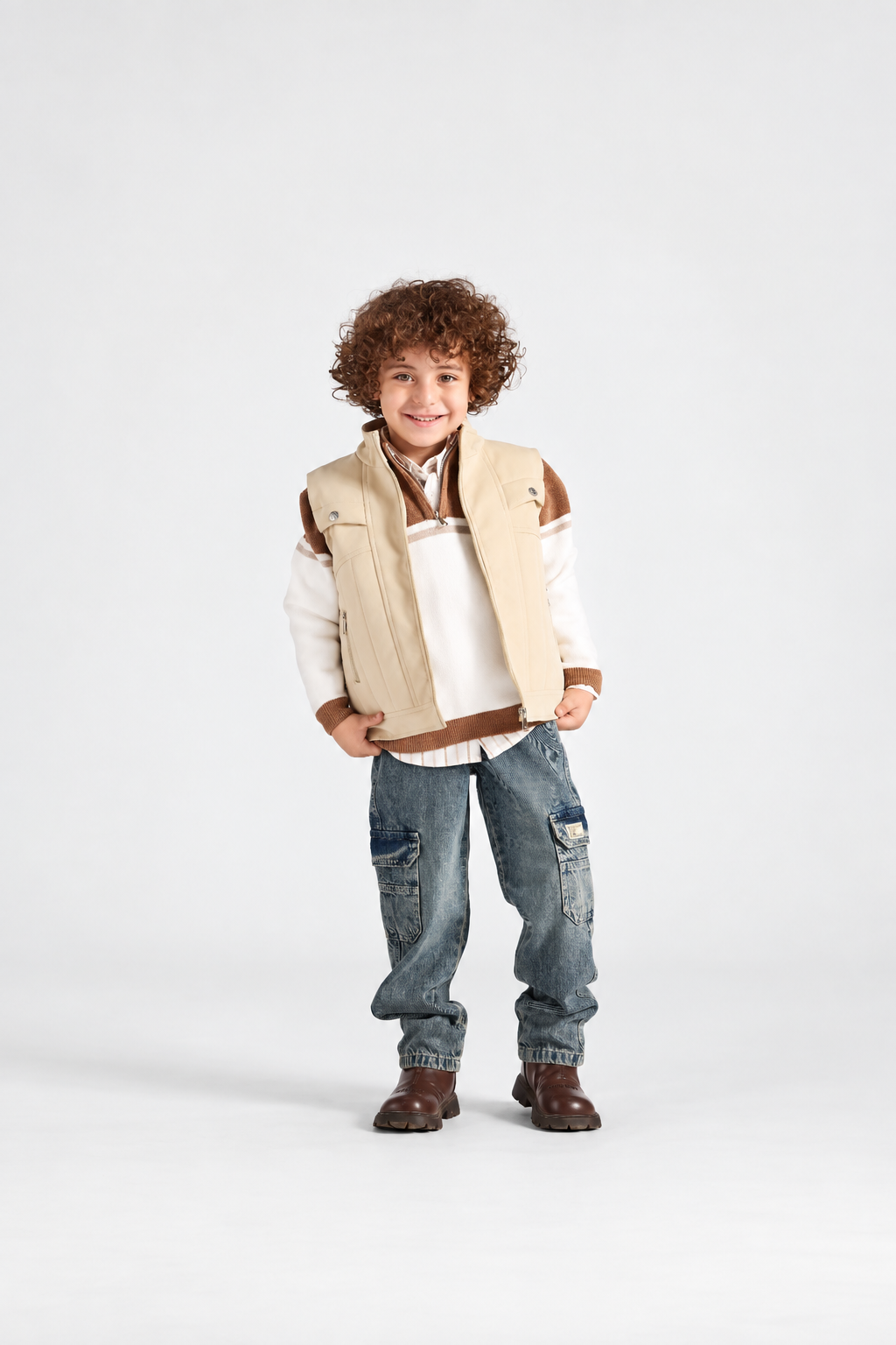 Boys' Leather Gilet 4-Piece Set - Beige