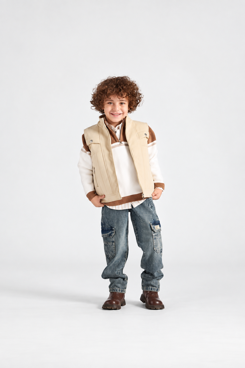 Boys' Leather Gilet 4-Piece Set - Beige