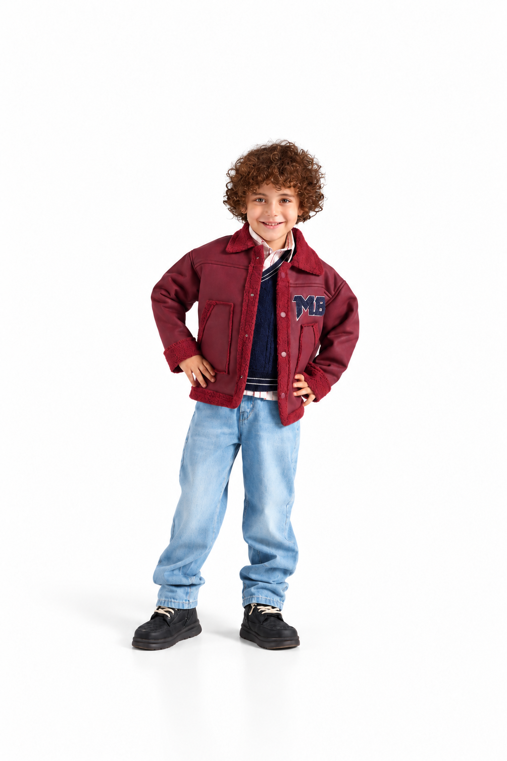Boys' Sherpa-Trim Leather Jacket 4-Piece Set - Burgundy