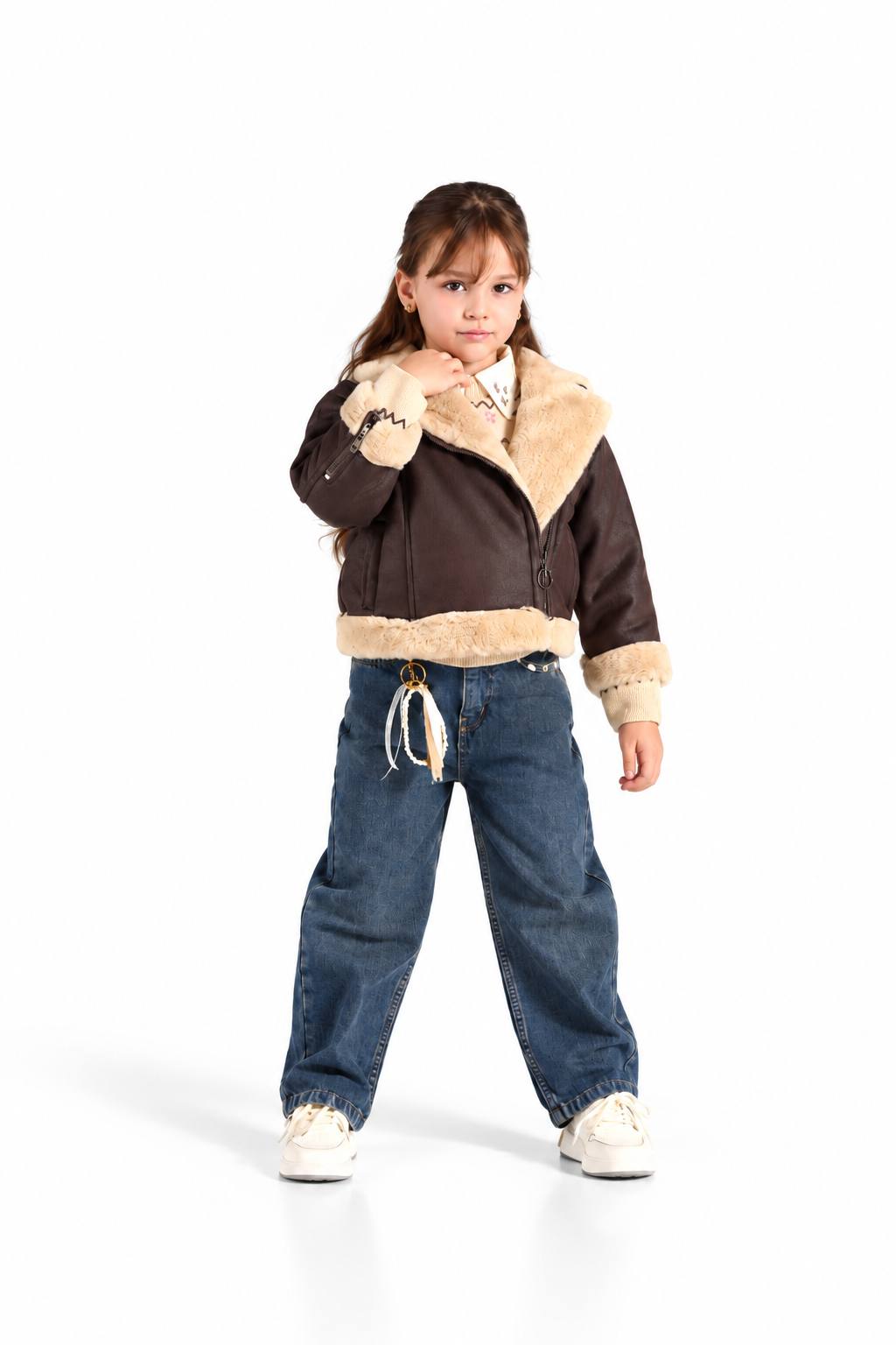 Girls' Shearling-Trim Biker Jacket 4-Piece Set - Brown