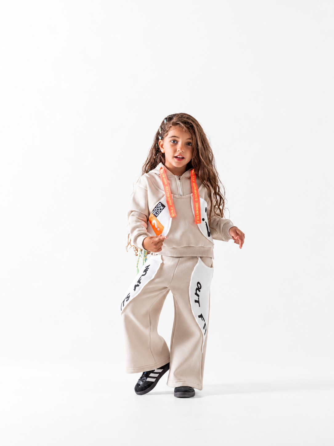 Girls' Outfit Panel Wide-Leg Tracksuit - Beige