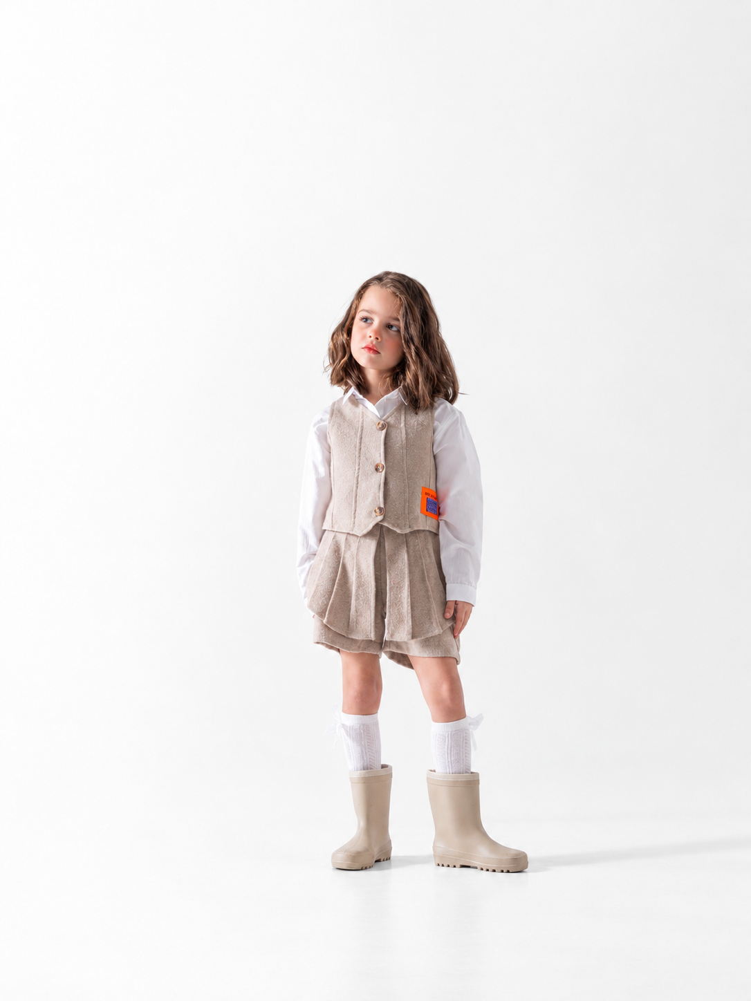 Girls' Waistcoat and Skort Three-Piece Set - Beige