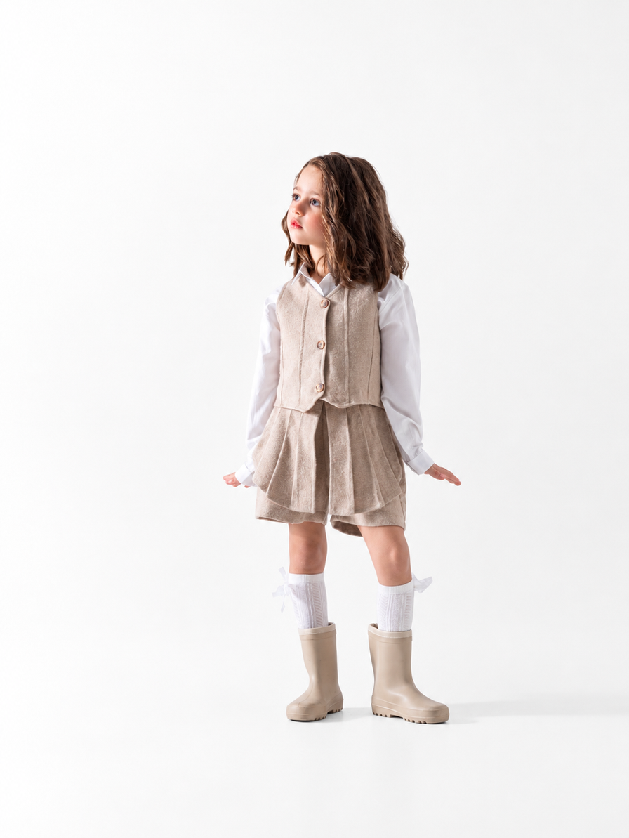Girls' Waistcoat and Skort Three-Piece Set - Beige