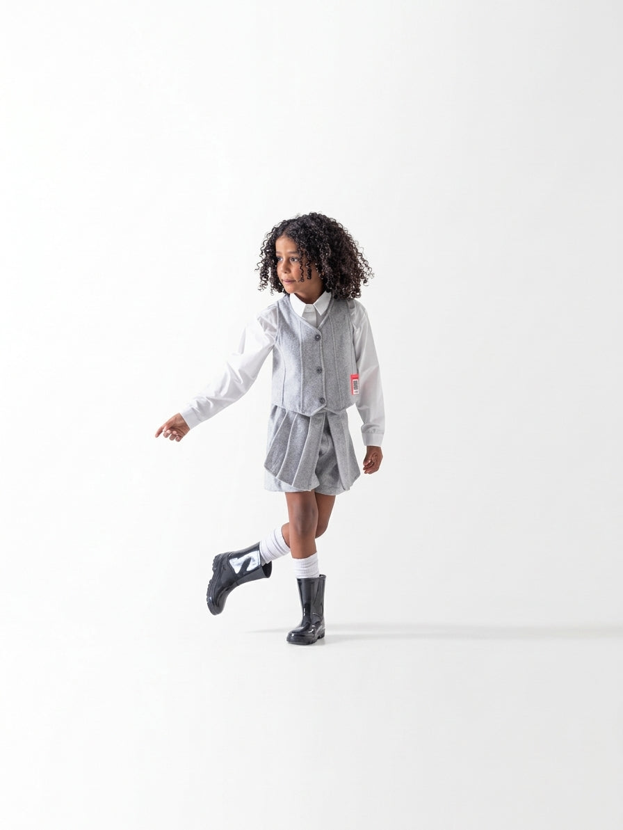 Girls' Waistcoat and Skort Three-Piece Set - Grey