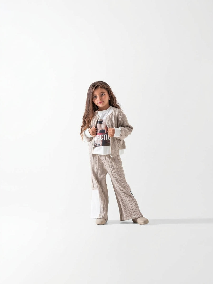 Girls' Textured Zip Wide-Leg Tracksuit - Beige