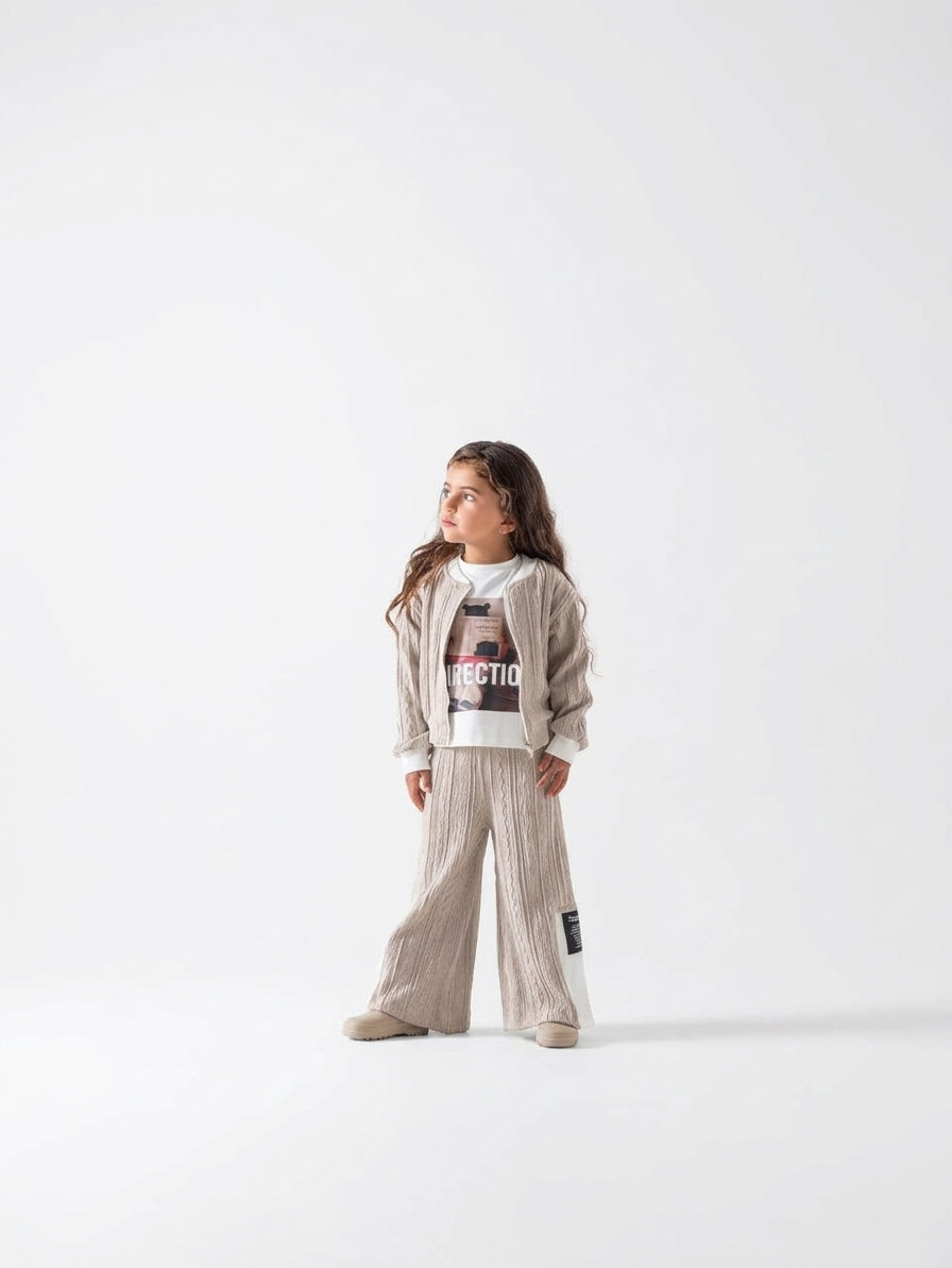 Girls' Textured Zip Wide-Leg Tracksuit - Beige