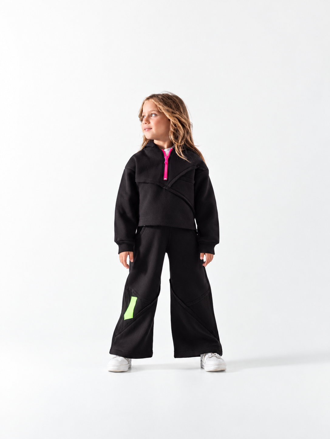 Girls' Zip Collar Wide-Leg Tracksuit - Black