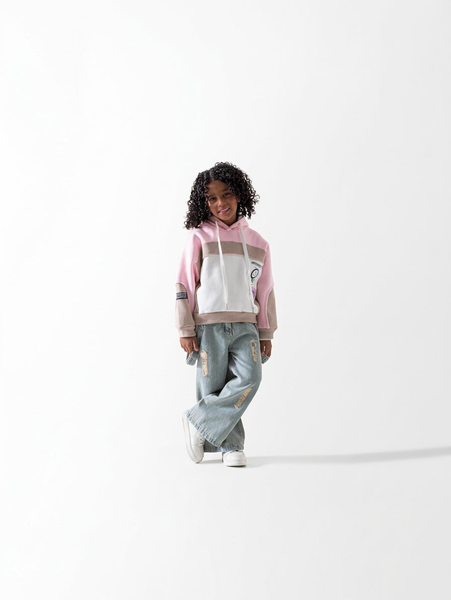 Girls' Colour-Block Panel Hoodie - Rose