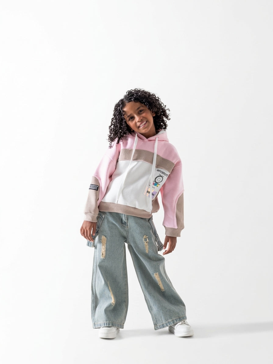 Girls' Colour-Block Panel Hoodie - Rose