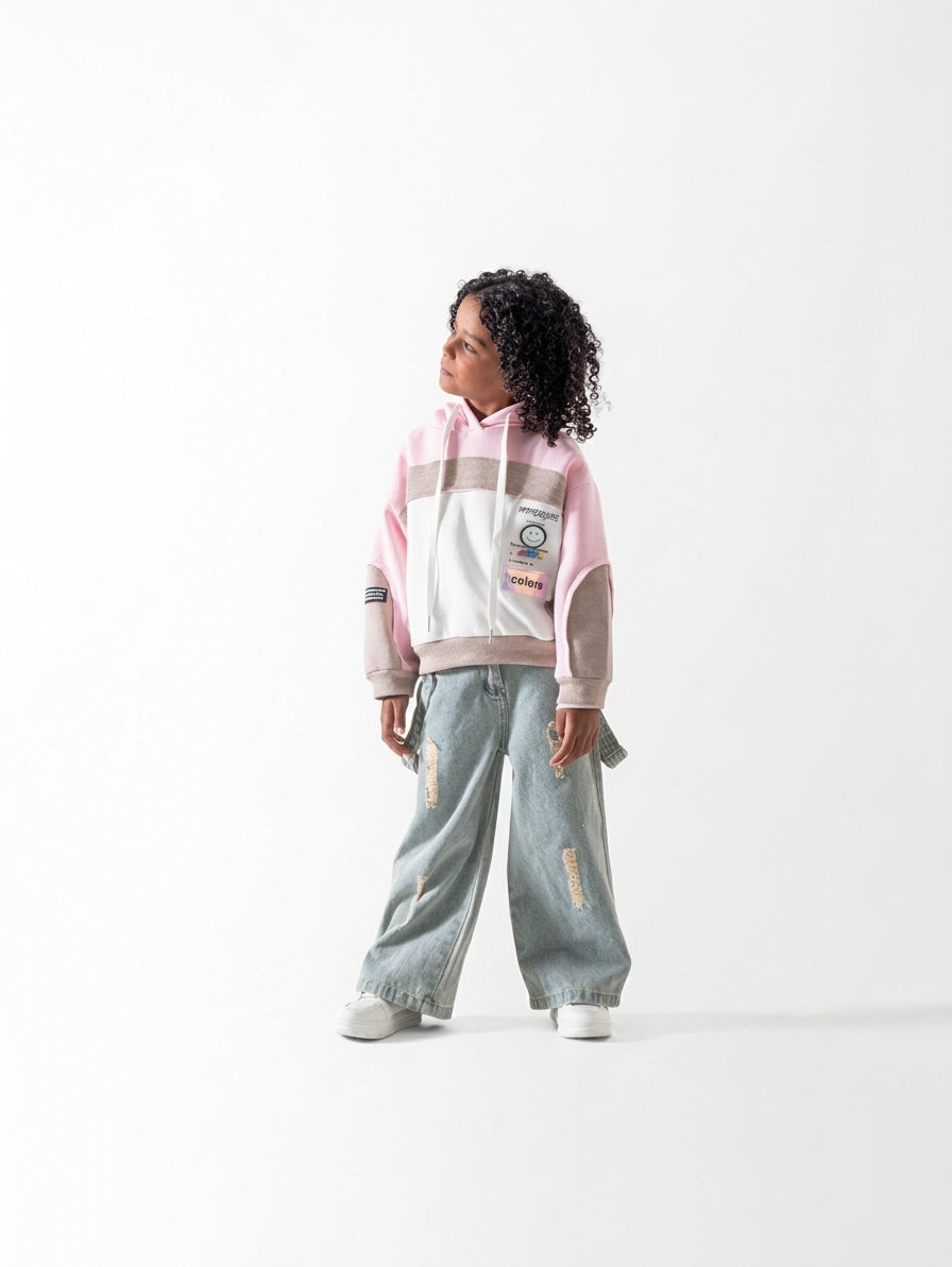 Girls' Colour-Block Panel Hoodie - Rose