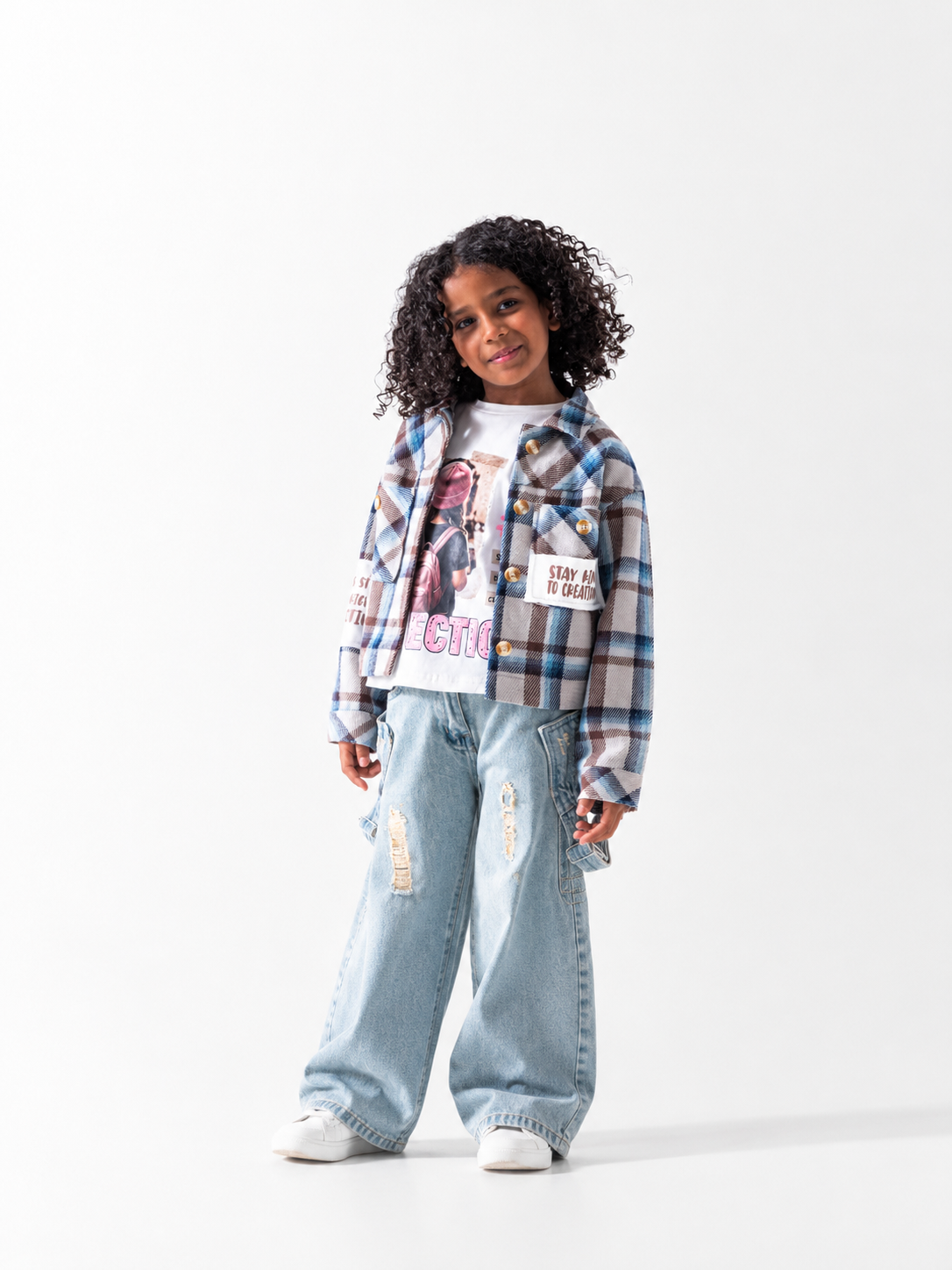 Girls' Check Overshirt and Tee Set - Brown