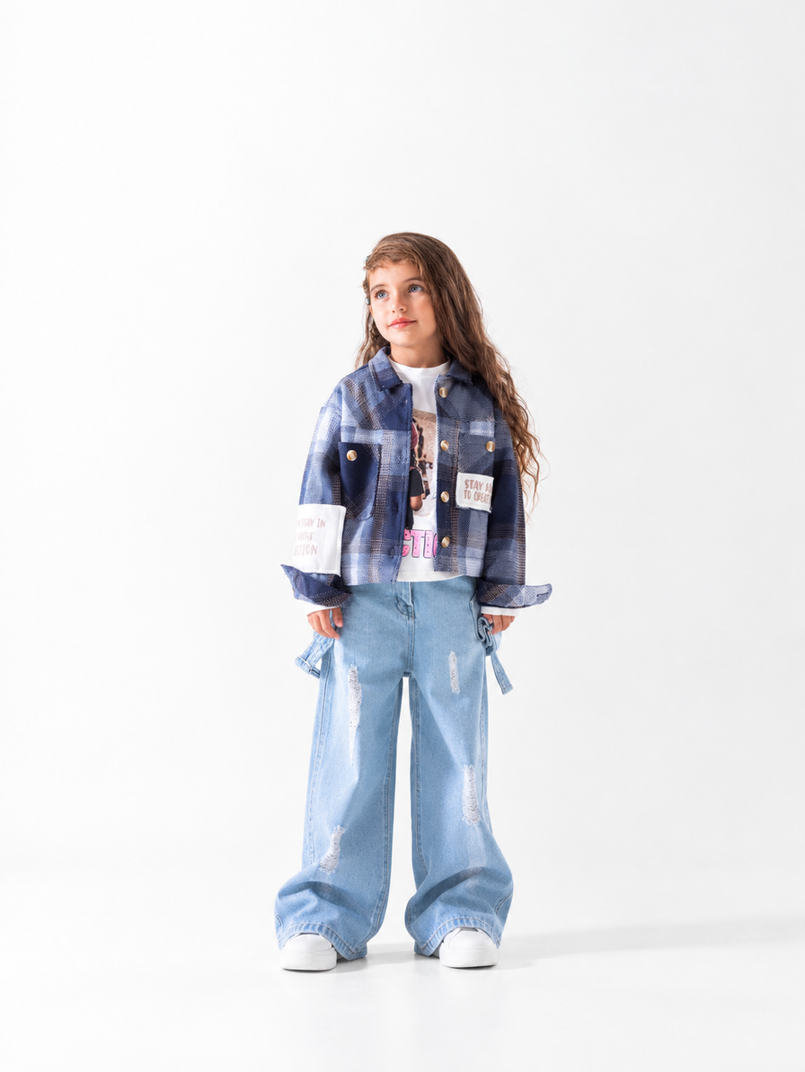 Girls' Check Overshirt and Tee Set - Navy