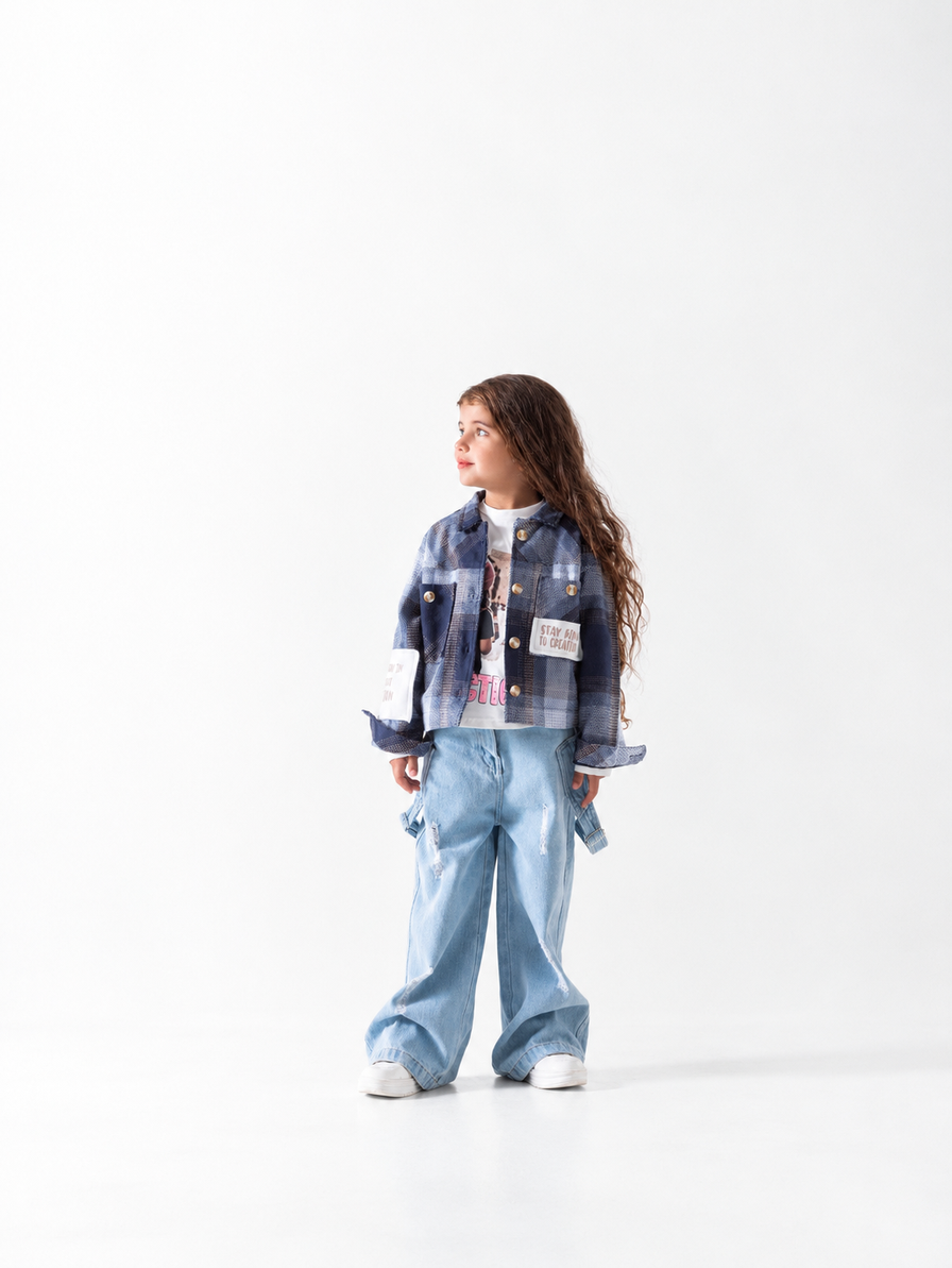 Girls' Check Overshirt and Tee Set - Navy