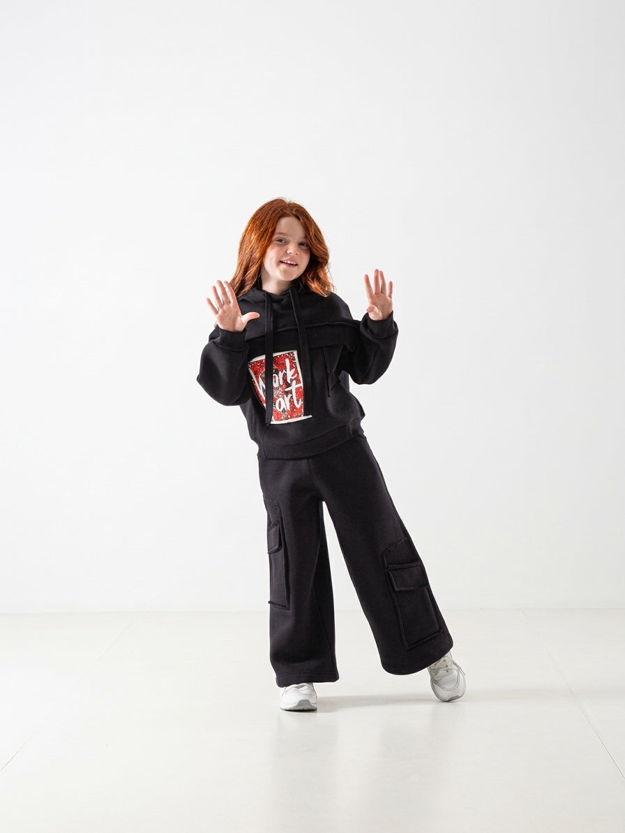 Girls' Work Out Hooded Cargo Set - Black
