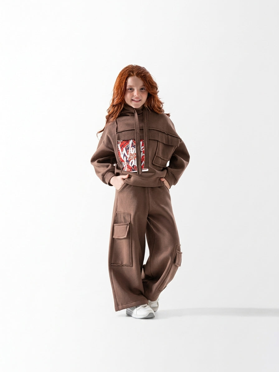 Girls' Work Out Hooded Cargo Set - Brown