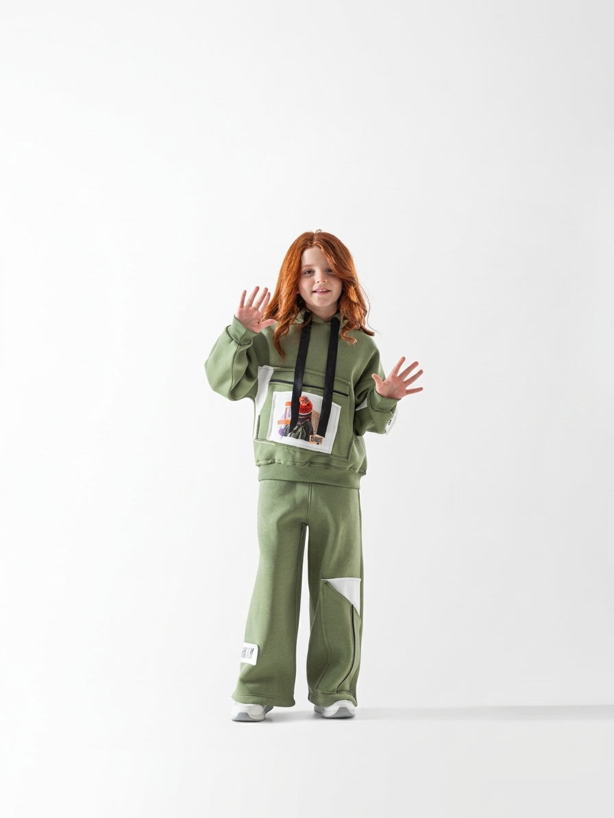 Girls' Graphic Hooded Wide-Leg Set - Olive