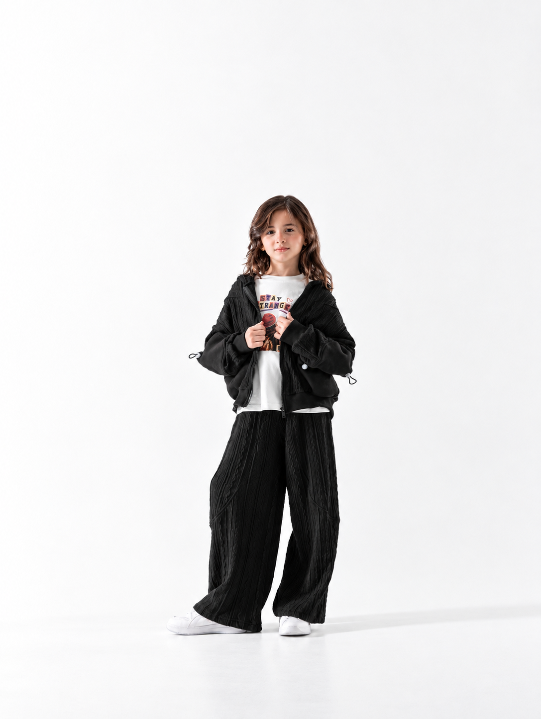 Girls' Zip Jacket and Textured Trouser Set - Black