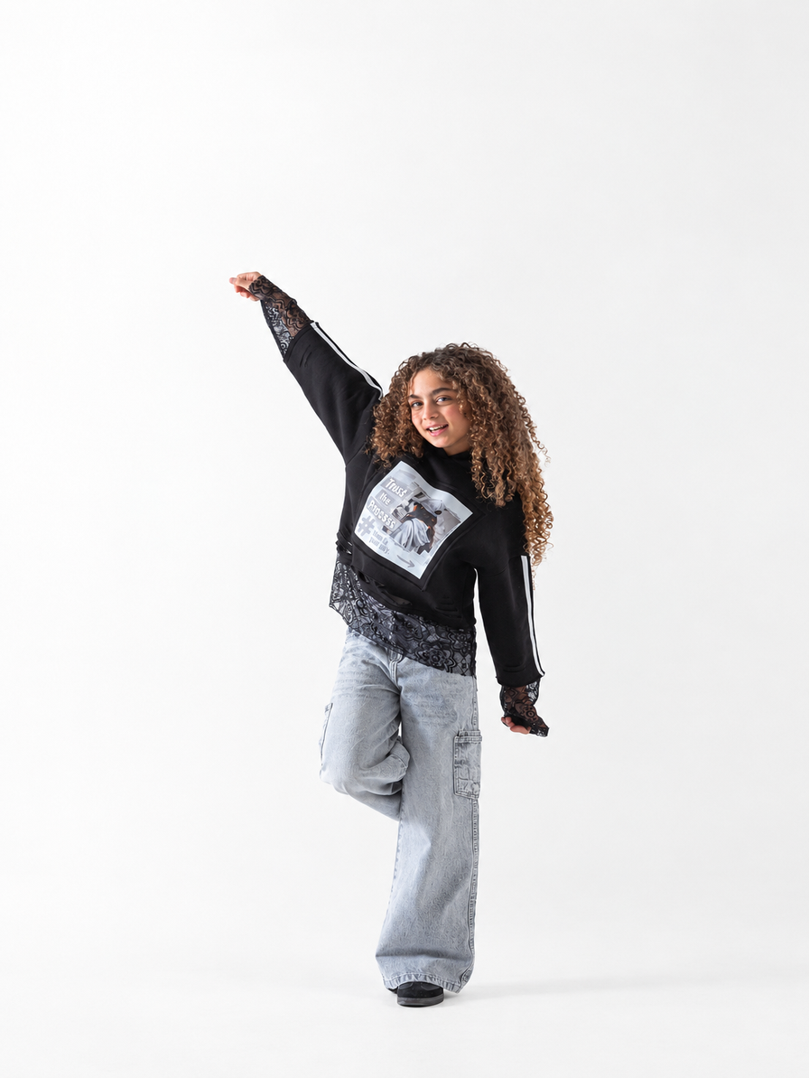 Girls' Lace-Hem Graphic Hoodie - Black
