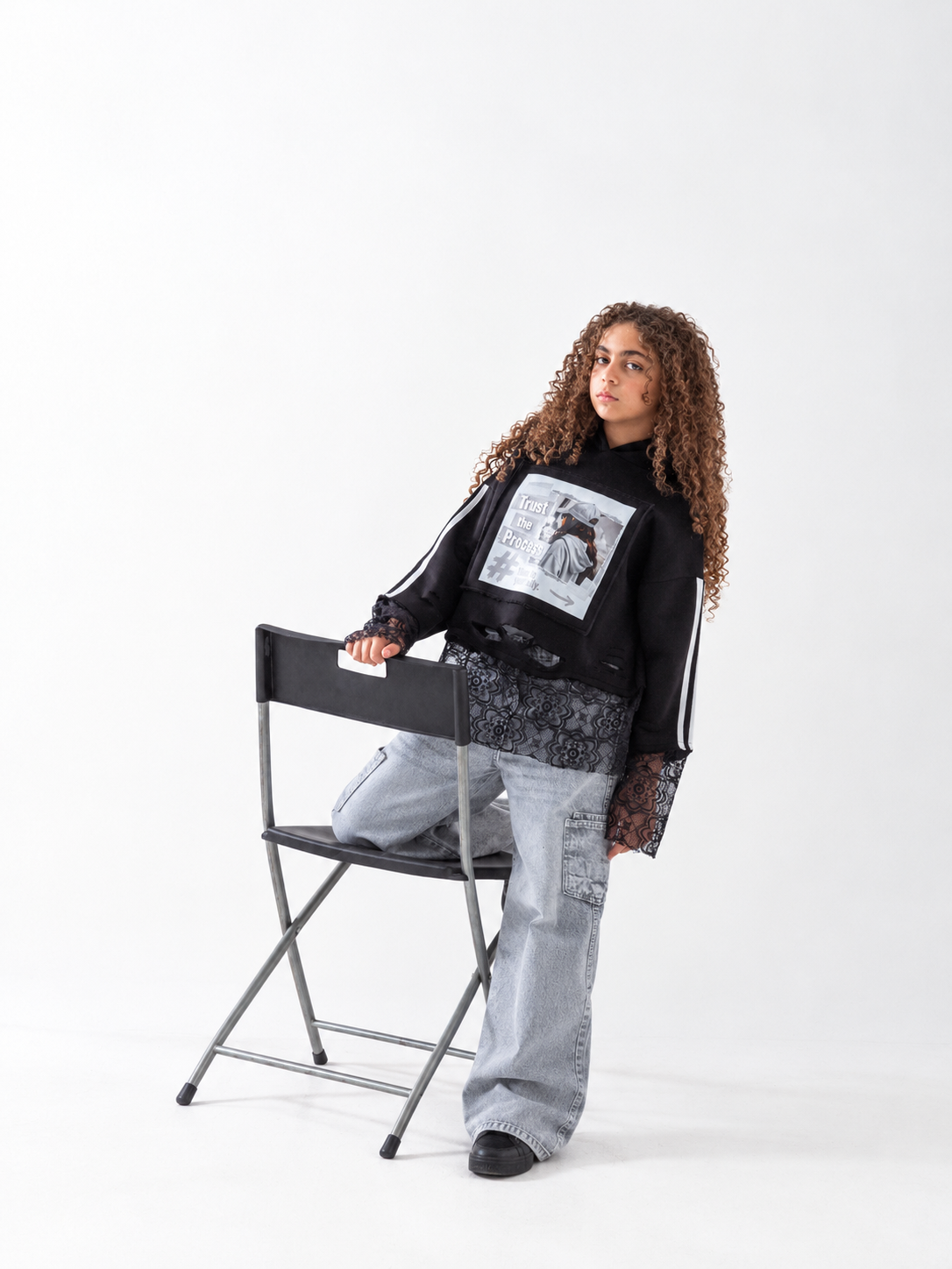 Girls' Lace-Hem Graphic Hoodie - Black