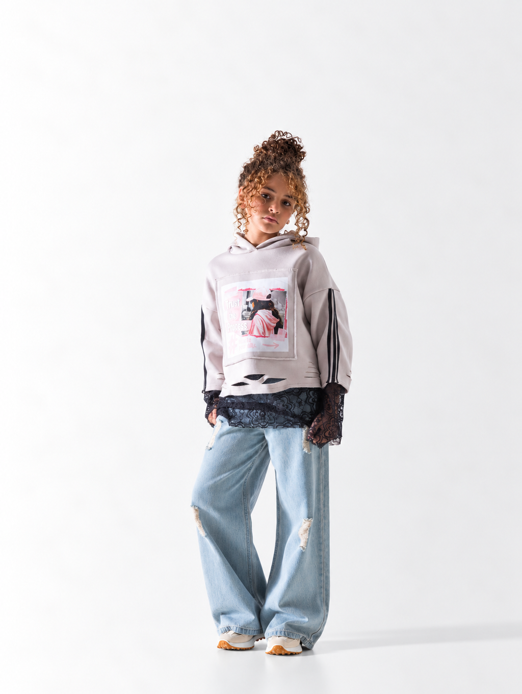 Girls' Lace-Hem Graphic Hoodie - Rose