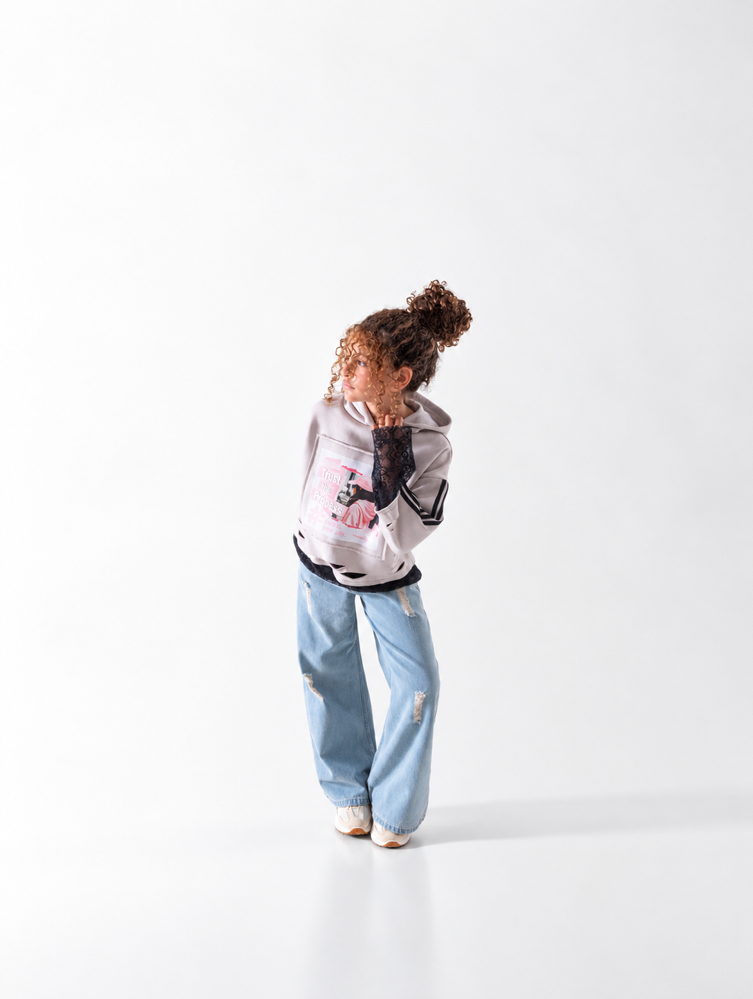 Girls' Lace-Hem Graphic Hoodie - Rose
